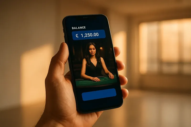 Hand holding smartphone showing dark casino app with live dealer preview