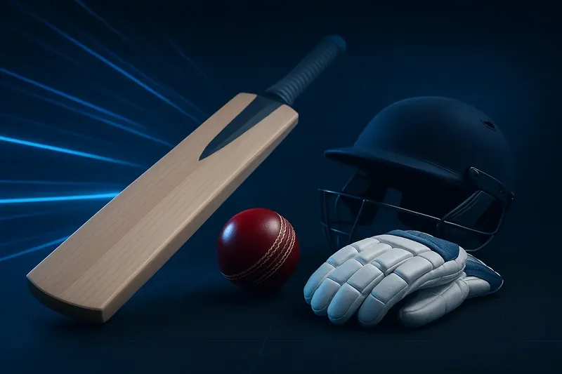 Cricket Gear Close-Up Close-up cricket equipment with neon speed lines and holographic interface