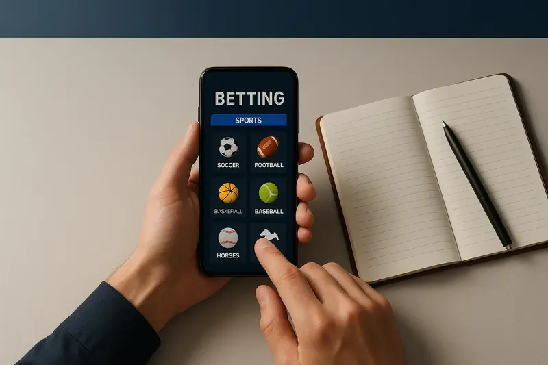 Man's hands using betting app on phone at desk