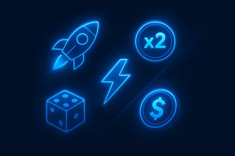 Neon Game Icons Glowing instant game icons with rocket, dice, coin, and lightning
