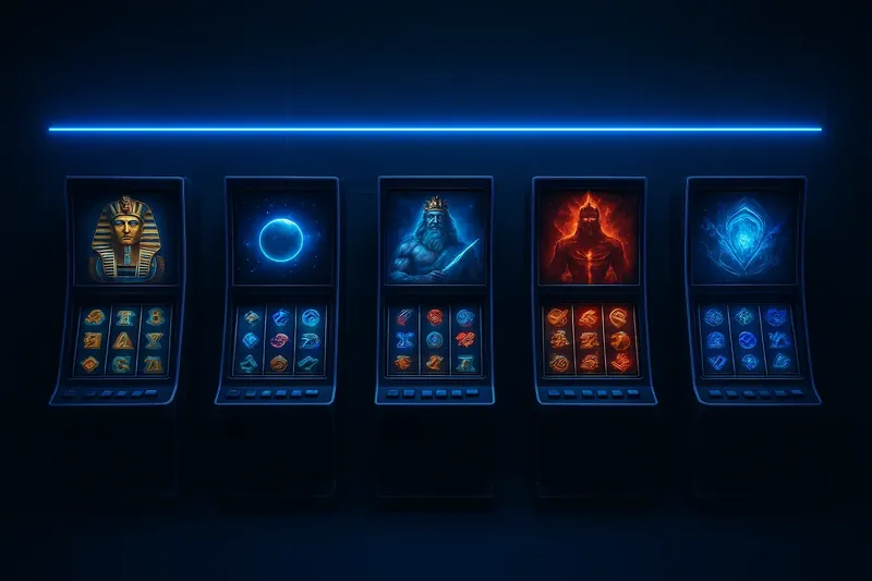 Modern Slot Machine Bank Five vivid video slot machines with neon lighting and themed screens
